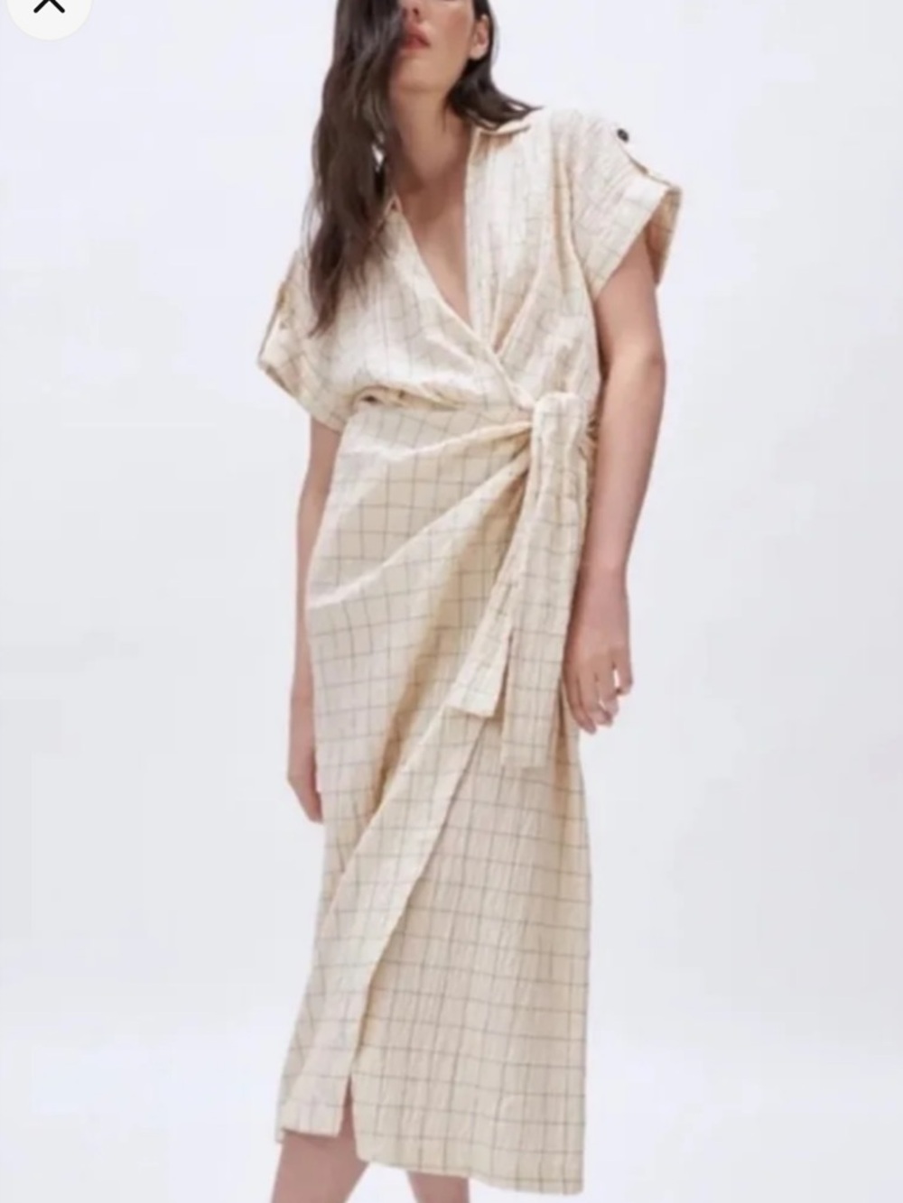 Zara Cream Grid Wrap Midi Dress with Tie Waist
